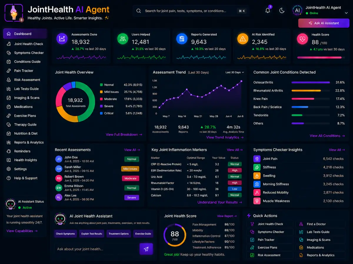 jointhealth.app joint health AI assistant — joint health dashboard preview